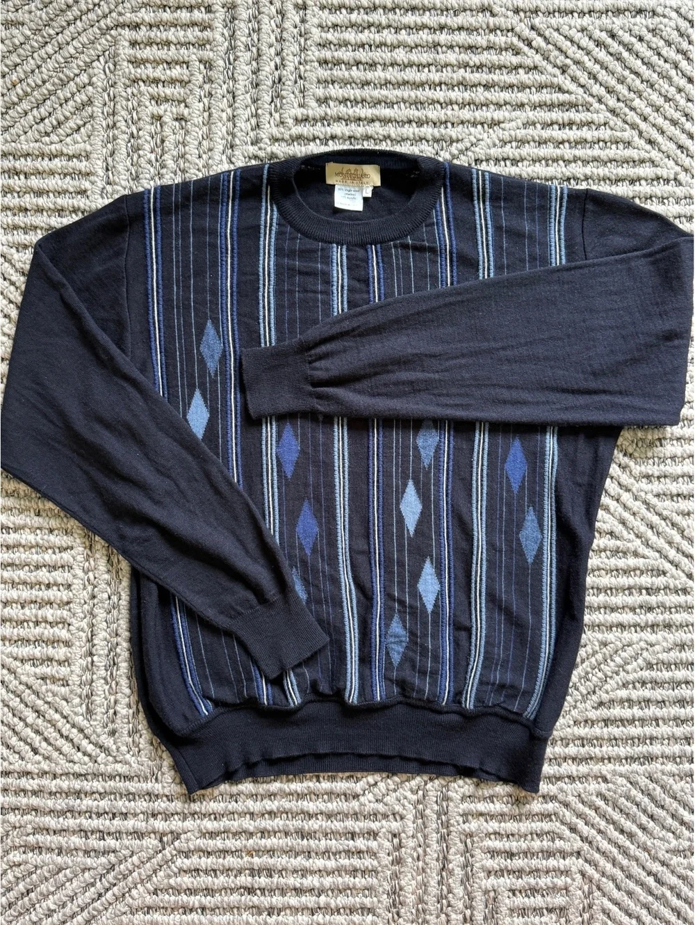 Montechiaro Italy Sweater Mens L Vintage Blue Gray Striped V Neck Cotton/Acrylic